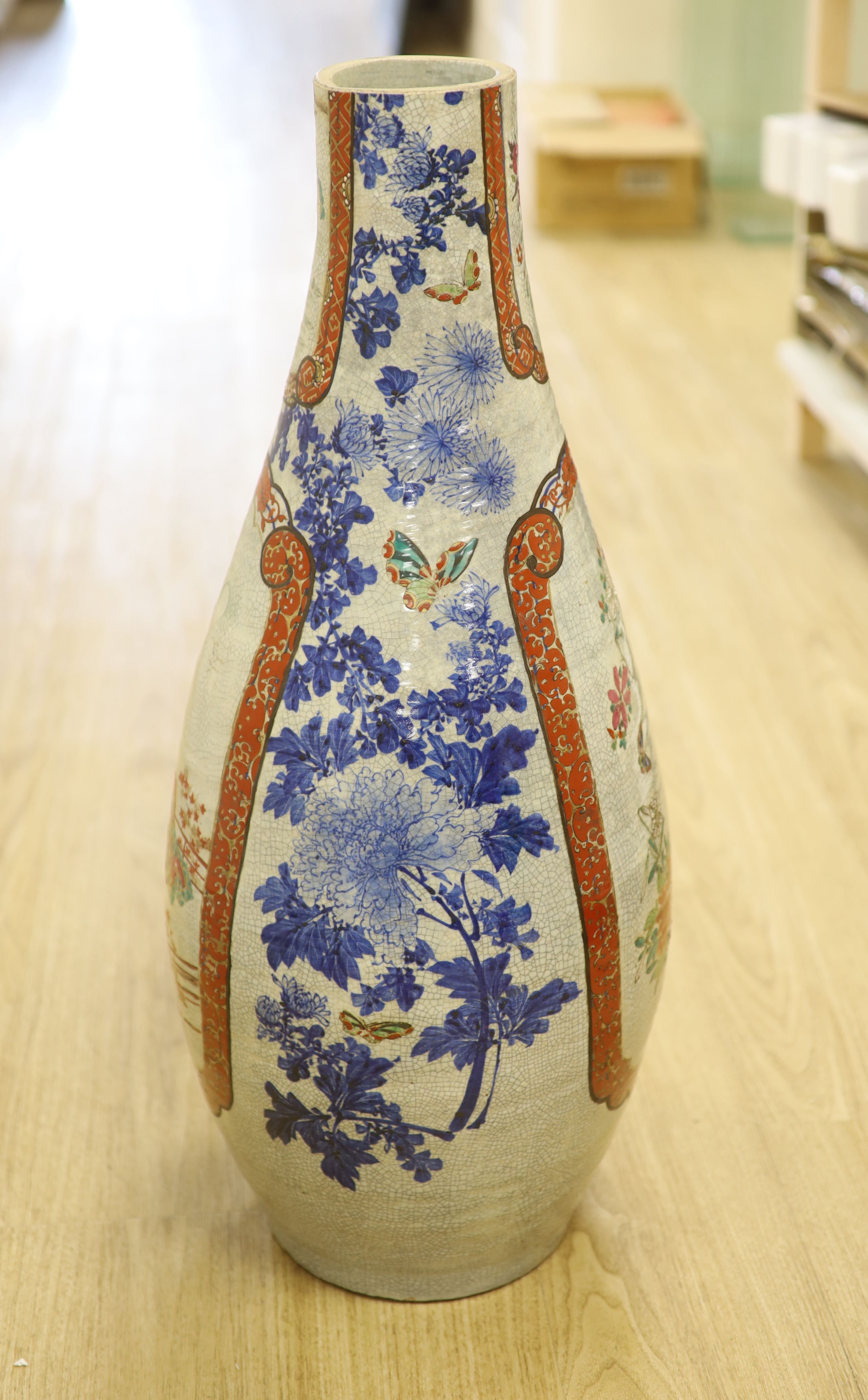 A large Japanese ceramic bottle vase, neck ground down, height 76cm